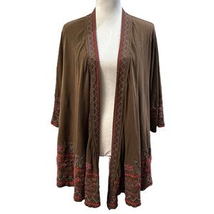 Johnny‎ Was Cardigan Brown Embroidered Aztec Design 3/4 Open Front Waterfall